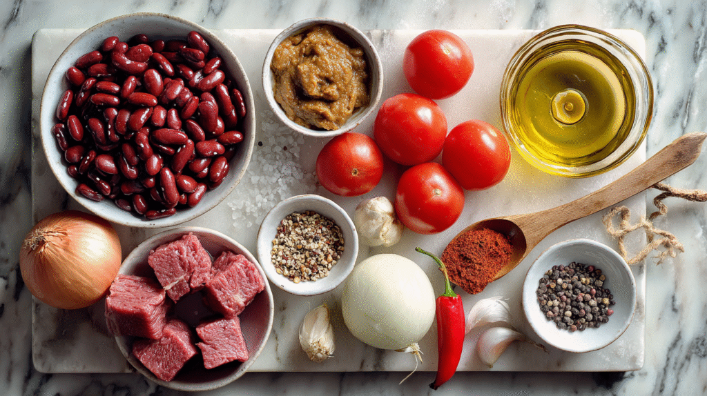 Ingrédients bruts pour mafé aux haricots rouges sans gluten