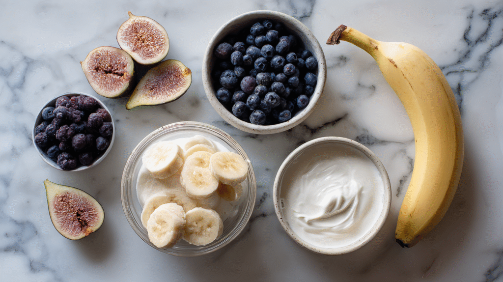 ingrédients nicecream banane et myrtilles sans gluten