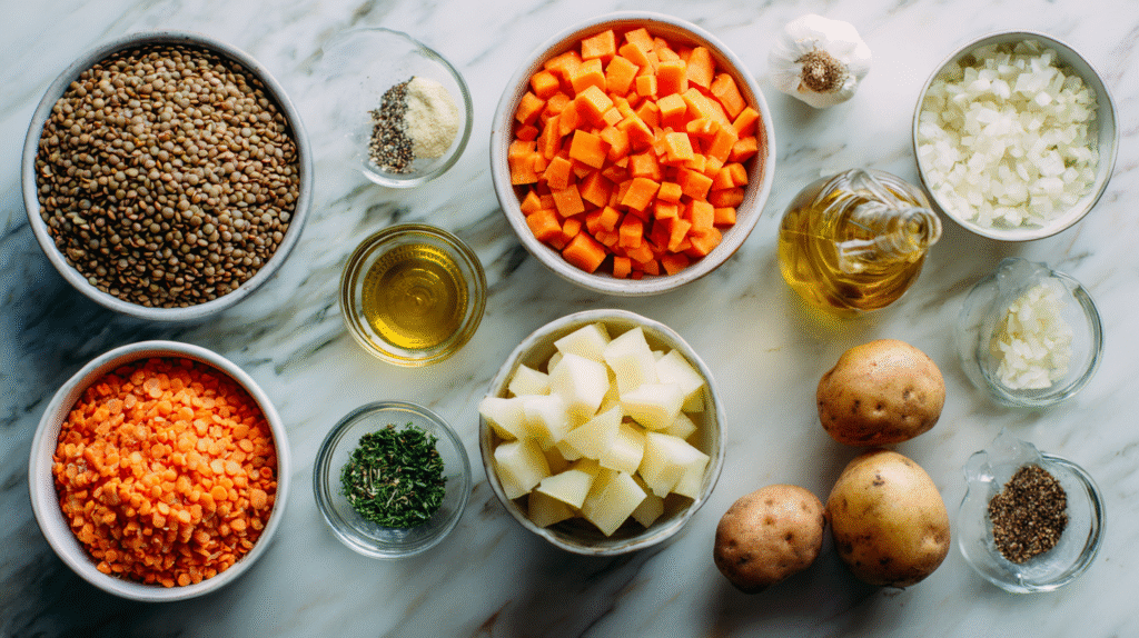 Ingrédients du ragoût de lentilles sans gluten sur une table