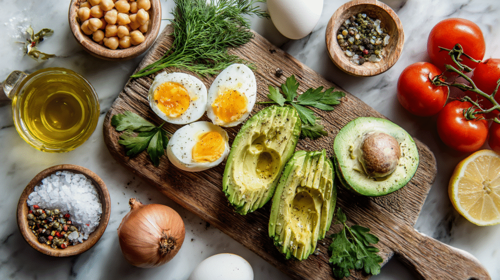 Salade d’Avocat Œuf et Pois Chiches : Fraîcheur & Bienfaits 6 ingrédients pour salade avocat œuf et pois chiches sur planche bois