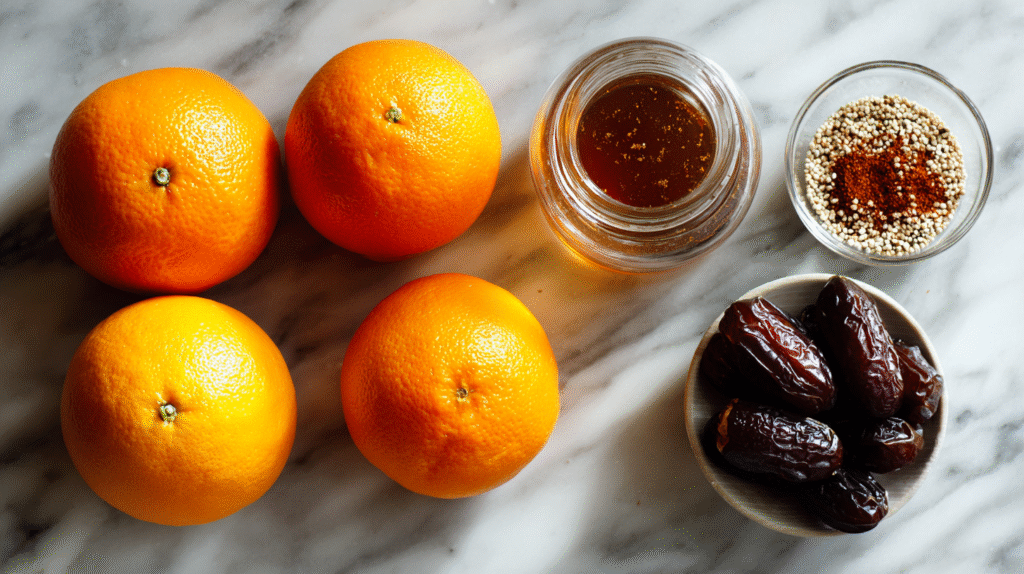 Ingrédients sans gluten pour salade d’oranges au miel et dattes