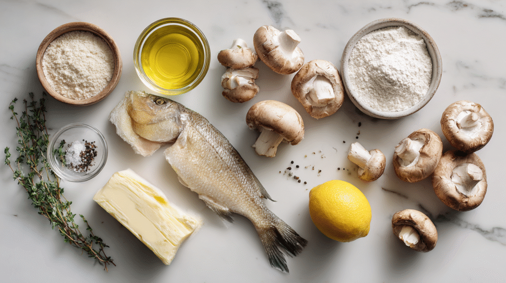 Ingrédients pour sole meunière aux champignons sans gluten