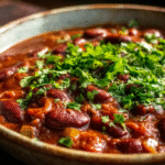 Plat de mafé aux haricots rouges servi chaud et sans gluten