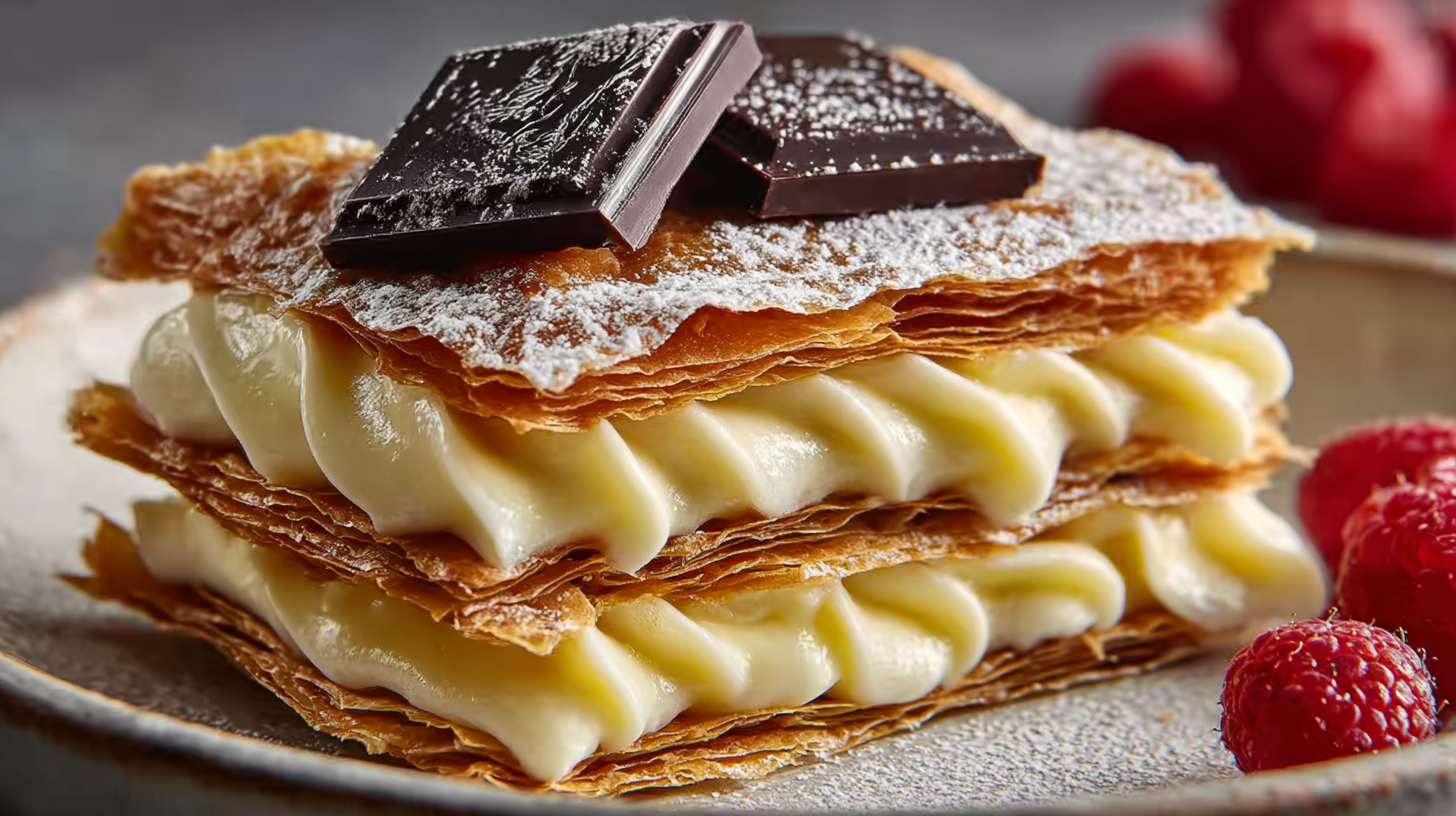 Millefeuille Crousti-Fondant sans gluten sur table rustique