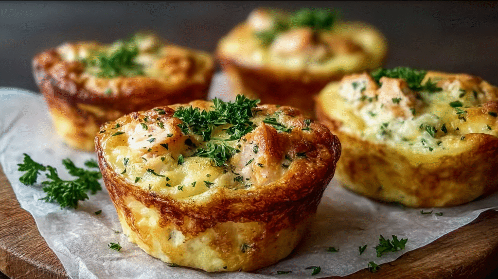 mini quiches au poulet sans pâte dorées sur plateau