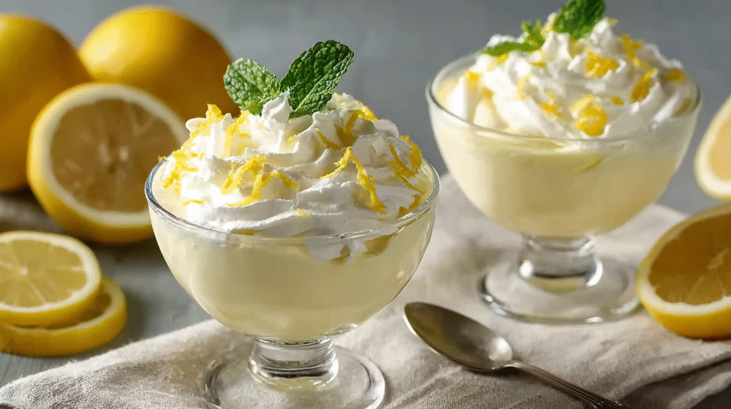 Mousse Crémeuse au Citron en 5 Minutes – Dessert Léger Sans Gluten 7 Verrines de mousse au citron servies sur table