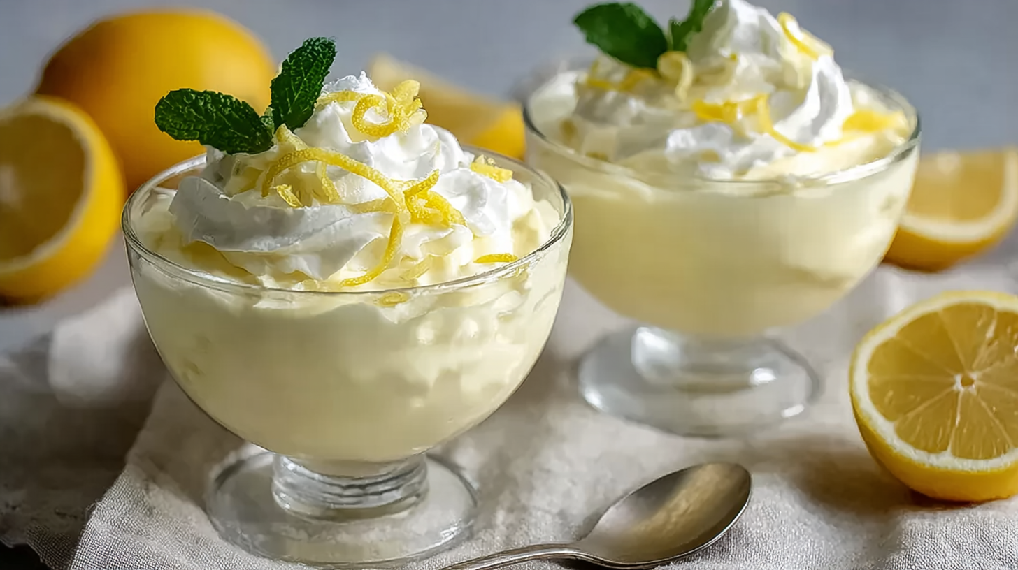 Mousse Crémeuse au Citron en 5 Minutes – Dessert Léger Sans Gluten 4 Mousse crémeuse au citron en 5 minutes dans une verrine décorée