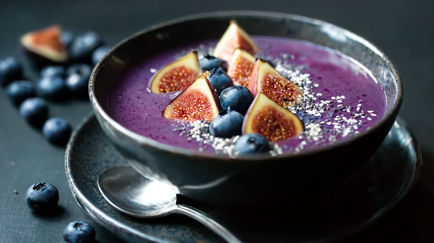 nicecream banane et myrtilles dans un bol pastel avec fruits frais