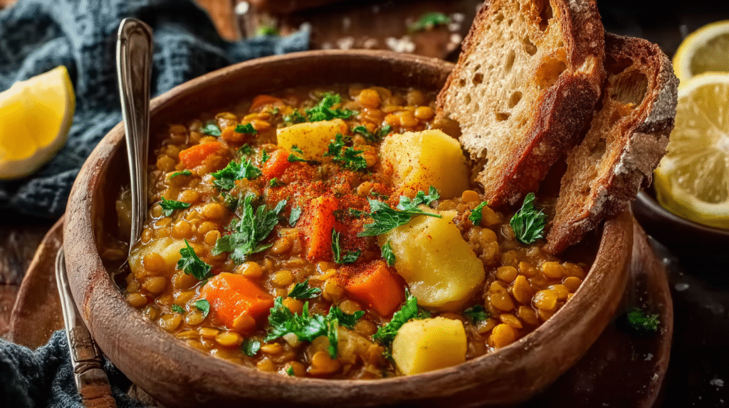Ragoût de lentilles sans gluten servi chaud dans un bol rustique