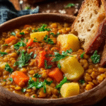 Ragoût de lentilles sans gluten servi chaud dans un bol rustique