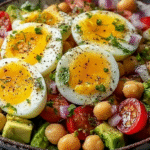 Salade d’Avocat Œuf et Pois Chiches : Fraîcheur & Bienfaits 5 salade d’avocat œuf et pois chiches dans un bol rustique vue de dessus