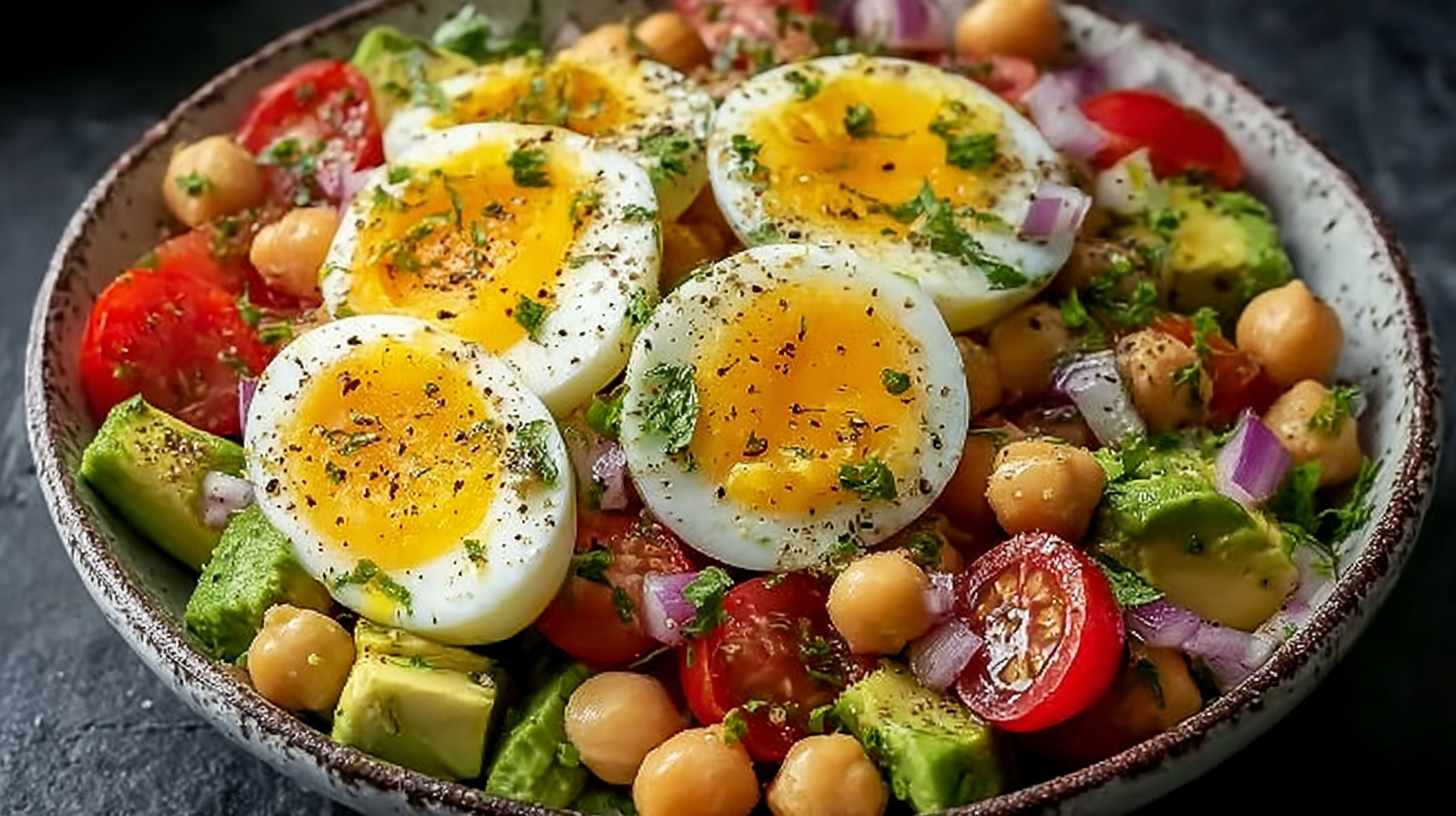 Salade d’Avocat Œuf et Pois Chiches : Fraîcheur & Bienfaits 4 salade d’avocat œuf et pois chiches dans un bol rustique vue de dessus