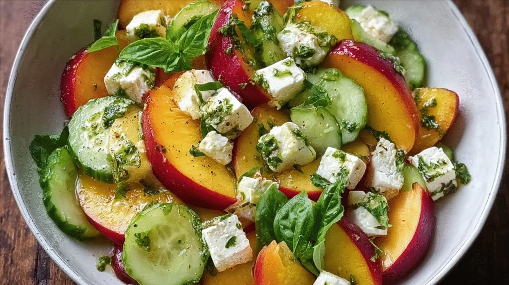 salade de nectarines concombre et feta sur table rustique