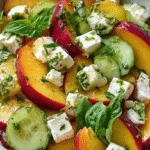 salade de nectarines concombre et feta sur table rustique
