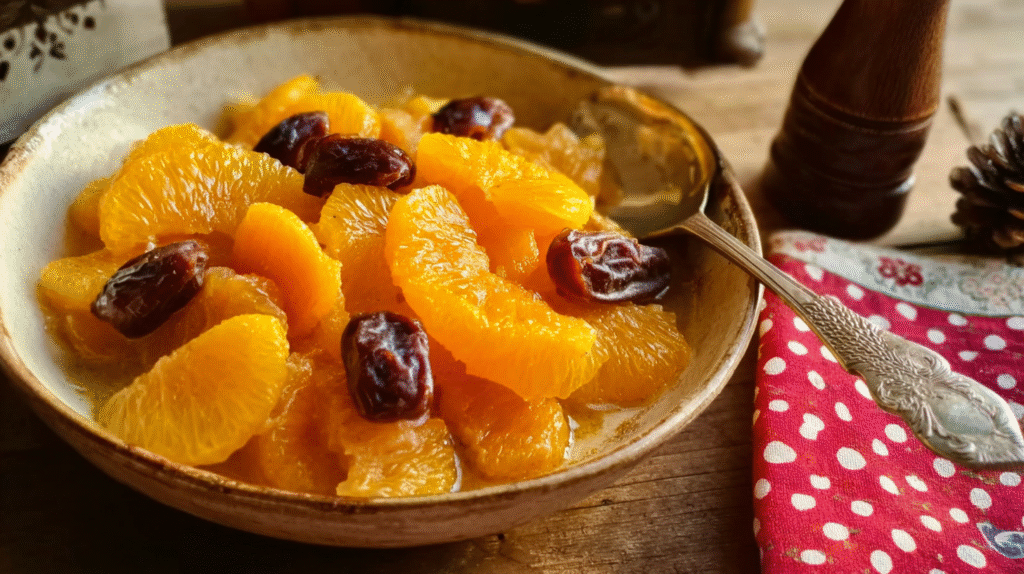 Salade d’oranges au miel aux dattes et piment d’Espelette sur fond rustique