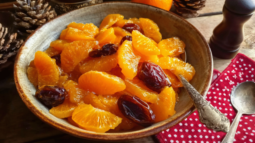 Salade d’oranges servie en verrines avec dattes et piment d’Espelette