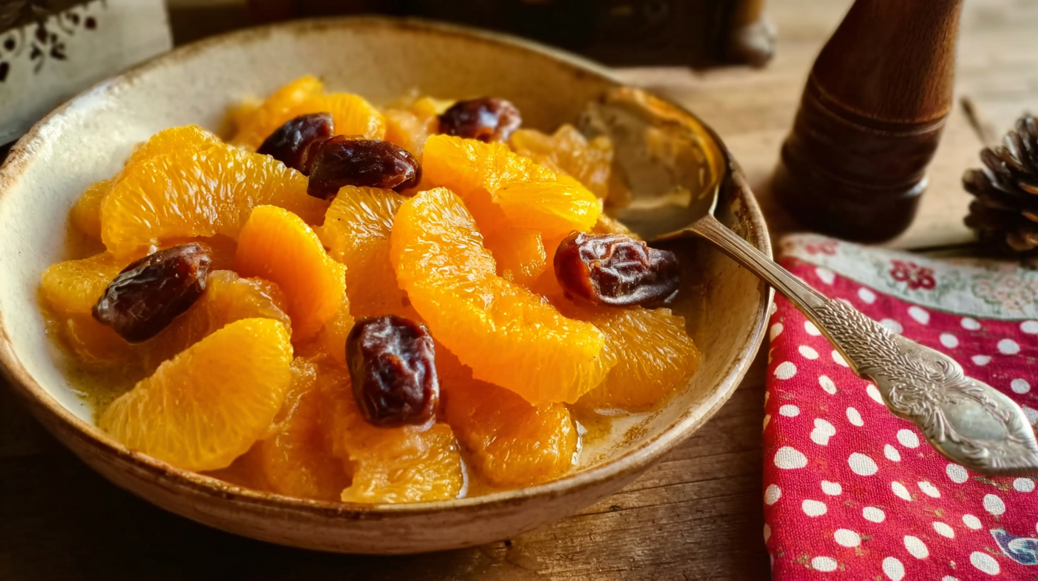Salade d’oranges au miel aux dattes et piment d’Espelette sur fond rustique