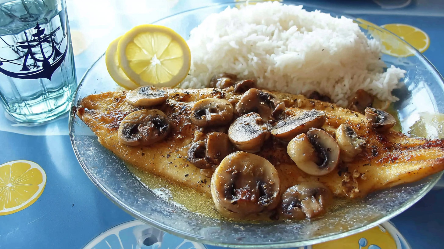 Sole meunière aux champignons sans gluten servie avec riz et citron