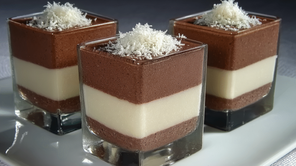 Verrines 3 chocolats prêtes à servir avec copeaux